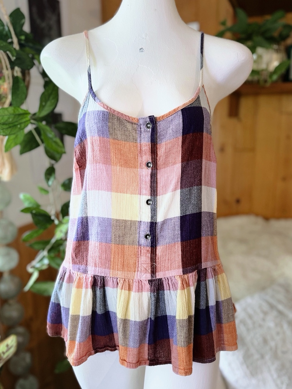 Universal Thread Plaid Peplum Cami Tank Top Medium EUC Pink Purple Boho